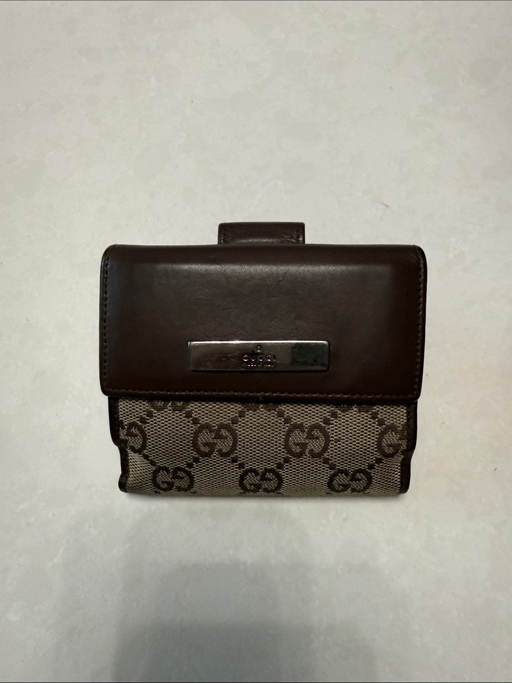 Gucci Brown Leather & Beige GG Monogram Bifold Wallet